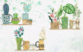Watercolor, green plants, potted plants, wallpaper, mural | Cactus, turtle backed bamboo - Carving wallpaper