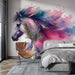 Watercolor horse wallpaper in a modern bedroom featuring colorful horse design and artistic decor elements.