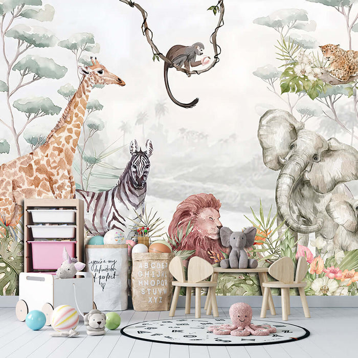Watercolor jungle animal wallpaper featuring giraffe, lion, elephant, zebra, and monkey in a vibrant living space.