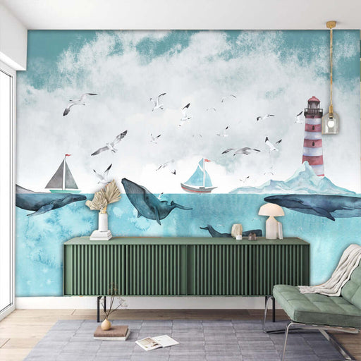Watercolor Ocean Whale Wallpaper | Living Room and Bedroom Decorative Wall