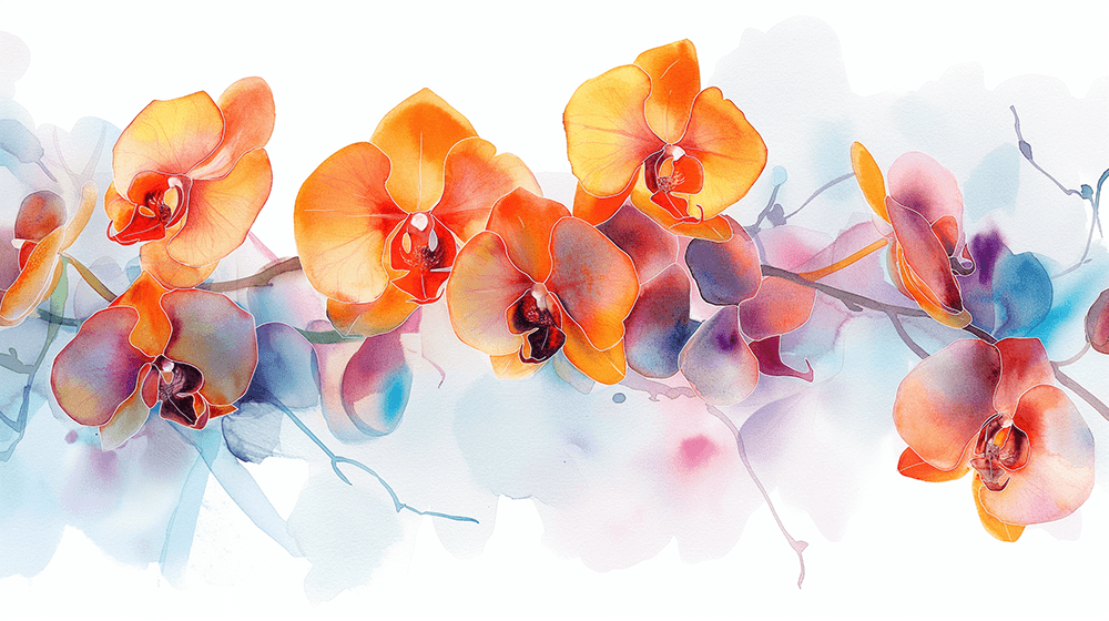 Watercolor orchid wallpaper mural featuring vibrant orange and purple orchids on a soft watercolor background.