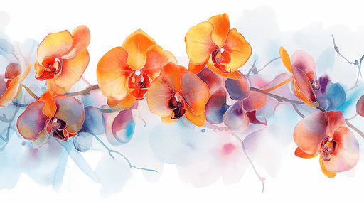 Watercolor Orchid Wallpaper Mural | Fresh Decorative Wall in Living Room and Bedroom featuring vibrant orange and pink orchids with soft-focus artistic watercolor styling