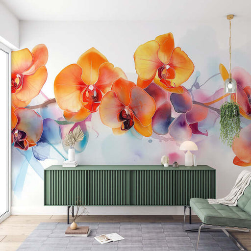 Watercolor Orchid Wallpaper Mural | Fresh Decorative Wall in Living Room and Bedroom