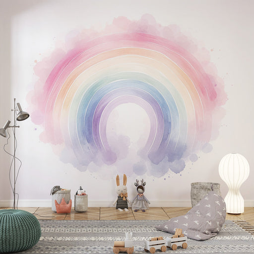 Watercolor Rainbow Wall Mural – Dreamy & Healing Wallpaper for Living Room & Bedroom: pastel rainbow wall art creating dreamy, healing ambience in a cozy living space