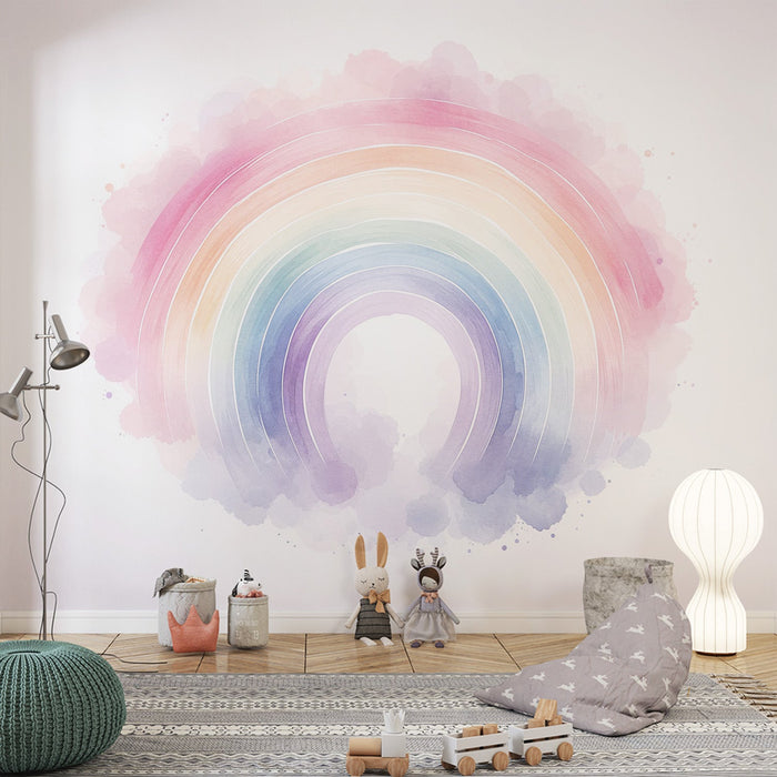 watercolor rainbow wall mural featuring soft pastel colors and dreamy aesthetic in a cozy room setting.