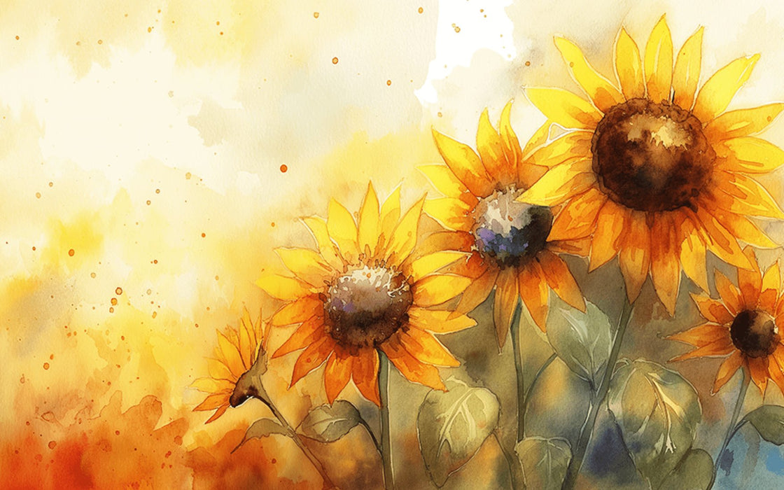 Watercolor sunflower wallpaper showcasing vibrant sunflowers in warm yellow and orange tones, ideal for living room and bedroom decor.