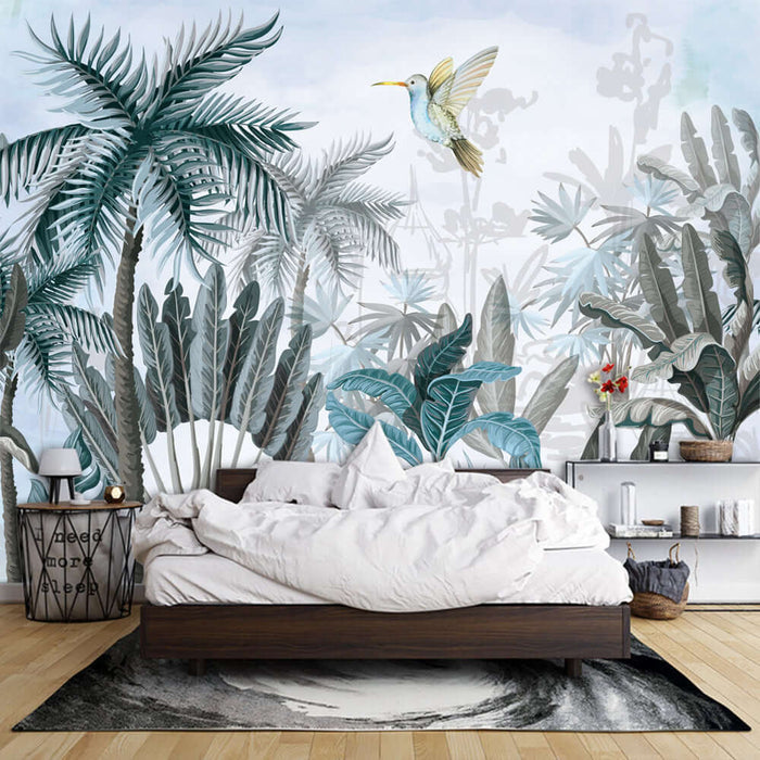 Watercolor tropical plant wallpaper featuring lush vegetation and a hummingbird above a cozy bedroom setting.