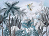 Watercolor tropical plant wallpaper featuring lush tropical leaves and a hummingbird in a serene atmosphere.