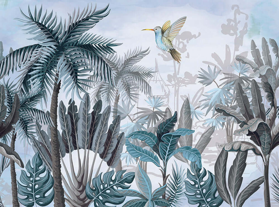 Watercolor tropical plant wallpaper featuring lush tropical leaves and a hummingbird in a serene atmosphere.