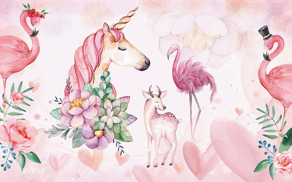 Watercolor unicorn flamingo wallpaper featuring pink flamingos, a unicorn, deer, and flowers, perfect for girl room decor.
