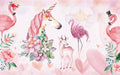 Watercolor unicorn flamingo wallpaper featuring pink flamingos, a unicorn, deer, and flowers, perfect for girl room decor.