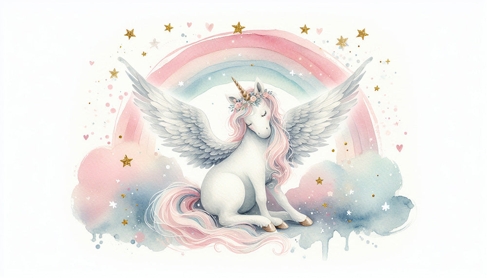 Watercolor unicorn wallpaper featuring a magical unicorn with wings, surrounded by rainbows and stars.