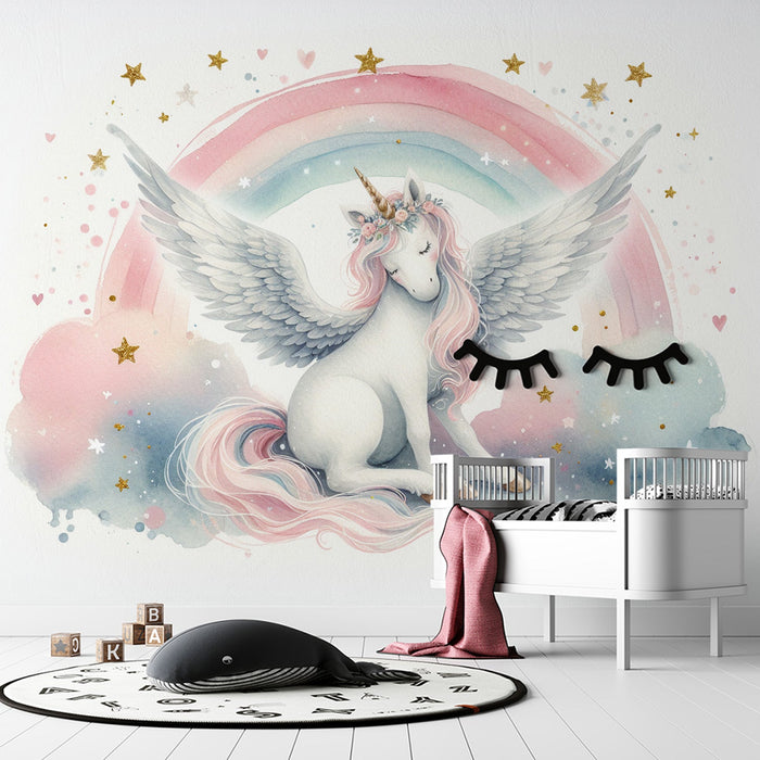 Watercolor unicorn wallpaper featuring a dreamy unicorn mural, perfect for children's room décor.
