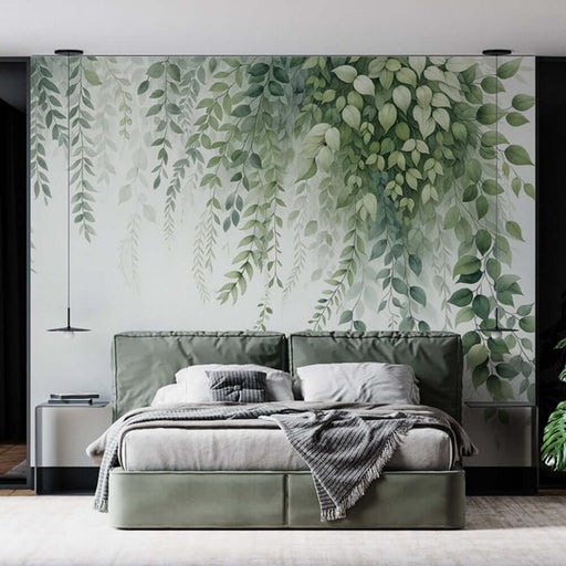 Watercolor Vine Wallpaper Mural | Fresh Green Plant Decor | Botanical Bedroom & Study Room Wall with hanging vines and lush leaves in soothing watercolor greens