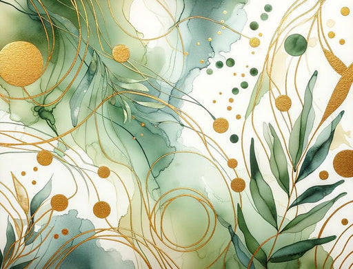 Watercolor Wallpaper Mural | Green and Gold Atmosphere - Carving wallpaper