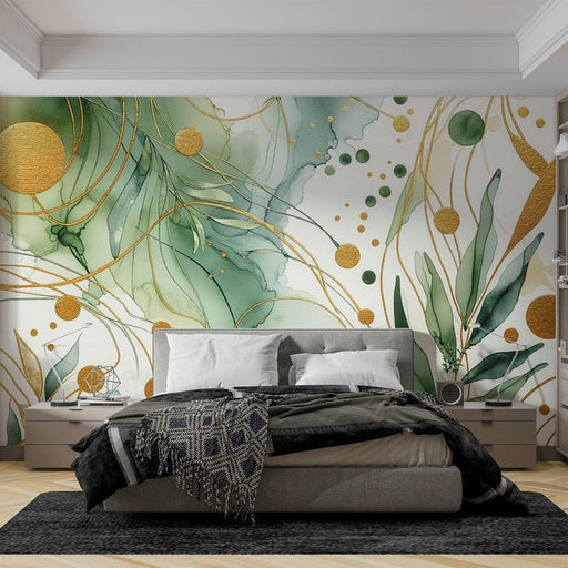 Watercolor Wallpaper Mural | Green and Gold Atmosphere - Carving wallpaper