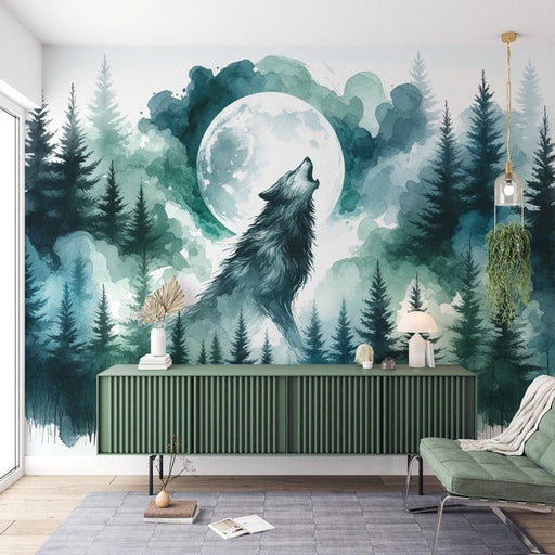 Watercolor Wallpaper Mural | Wolves in the Magic Forest - Carving wallpaper