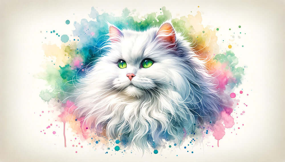 Watercolor white cat mural featuring a fluffy white cat with green eyes against colorful ink splash background.