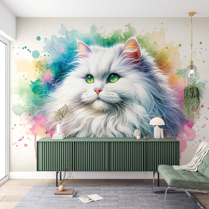 Watercolor white cat mural displayed in a bright interior with green accents and colorful ink splashes on the wall.