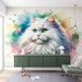 Watercolor white cat mural displayed in a bright interior with green accents and colorful ink splashes on the wall.
