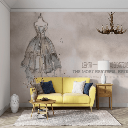 Wedding hand - painted wallpaper mural | A delicate sketch of a wedding dress romantic atmosphere - Carving wallpaper