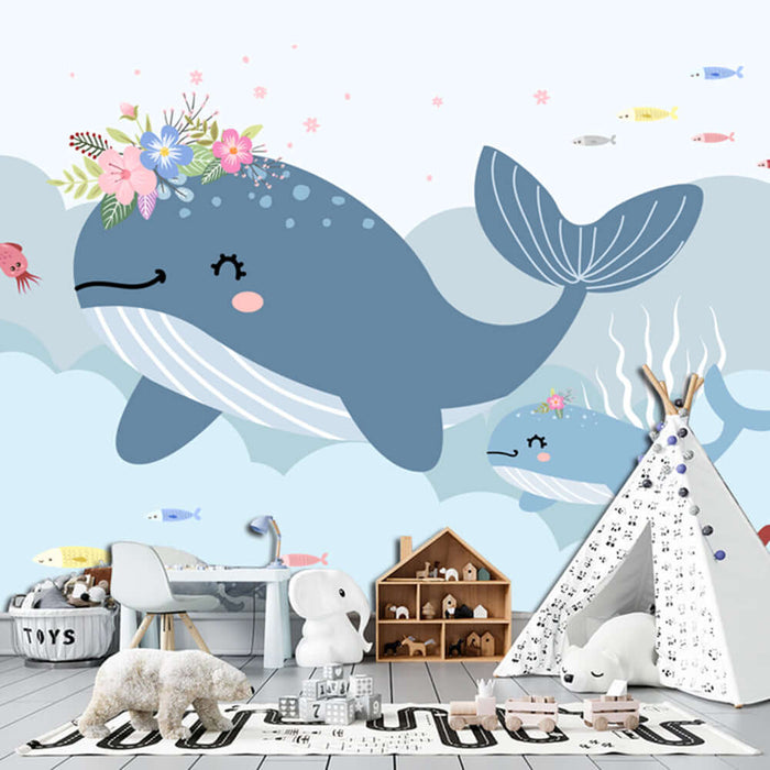 Whale Ocean Fun Wallpaper Mural | Children's Room - whimsical blue whale mural with floral crown, playful undersea friends, for a magical children's room decor
