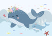 Whale Ocean Fun Wallpaper Mural | Children's Room: whimsical blue whale with floral crown and smaller fish, undersea scene for kids’ room decor