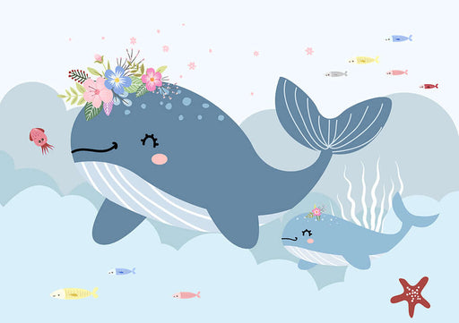Whale Ocean Fun Wallpaper Mural | Children's Room: whimsical blue whale with floral crown and smaller fish, undersea scene for kids’ room decor