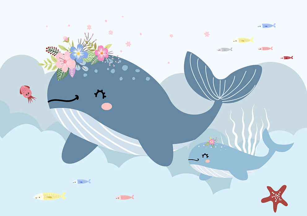 Whale Ocean Fun Wallpaper Mural | Children's Room: whimsical blue whale with floral crown and smaller fish, undersea scene for kids’ room decor