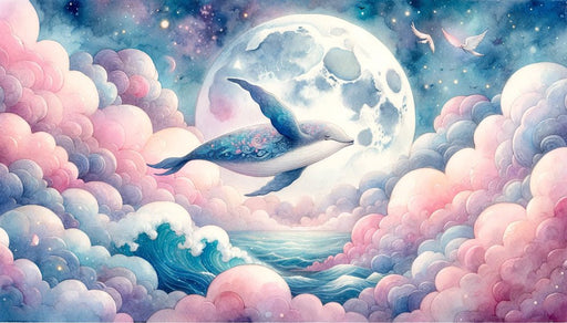 Whale Wallpaper Mural | Full Moon Pink Clouds - Carving wallpaper