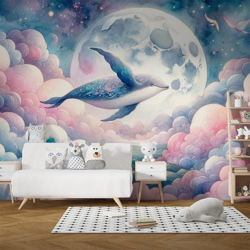 Whale Wallpaper Mural | Full Moon Pink Clouds - Carving wallpaper