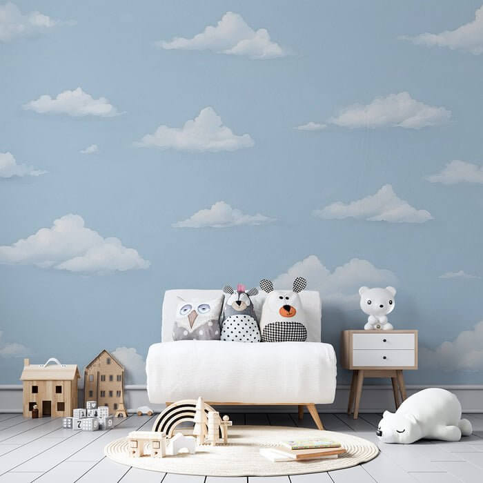 Whale Wallpaper Mural | Full Moon & Pink Clouds Dreamscape - Sky Blue Serenity