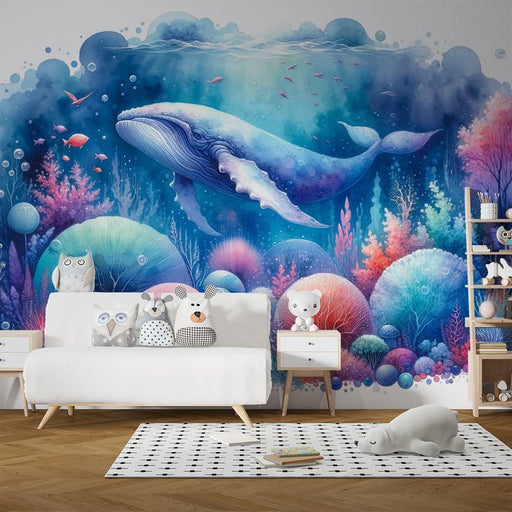 Whale watercolor wallpaper mural | Vibrant colors - Carving wallpaper