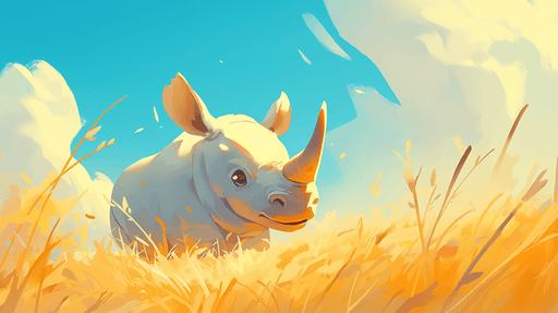 Whimsical Rhino Grassland Wallpaper Mural | Playful & Healing Kids Room Decor - Whimsical Rhino in sunny grassland for kids' room decor
