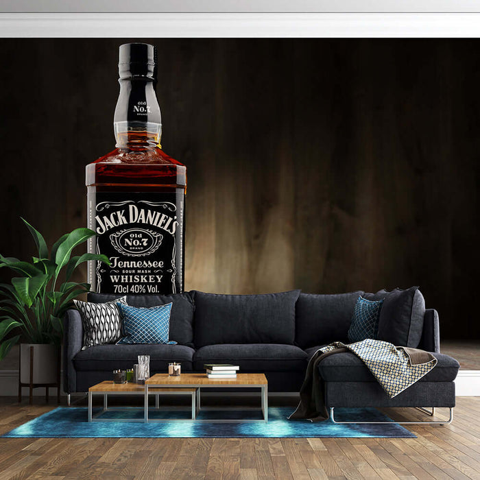 Jack Daniel's whiskey wallpaper featuring a classic bottle design in a stylish living room setting.
