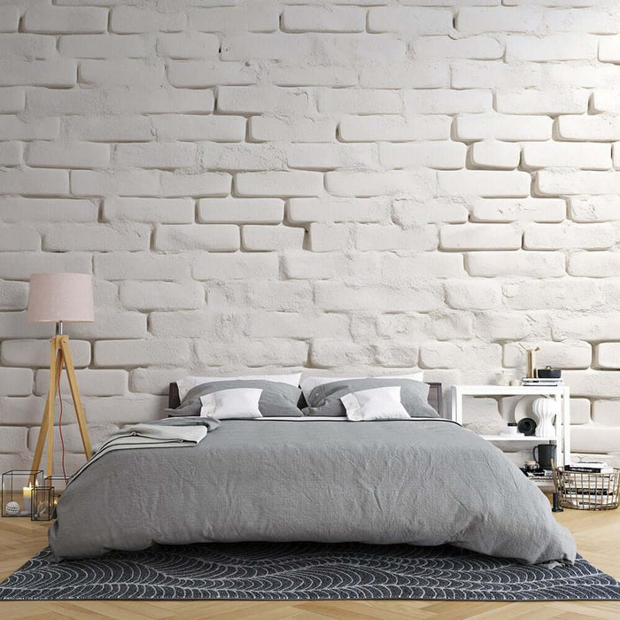 White brick textured wallpaper mural | Nostalgic style -  minimalistic bedroom with serene, modern Scandinavian decor featuring white brick walls