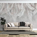 White Palm Leaf Wallpaper Mural | Light Grey Back - Carving wallpaper