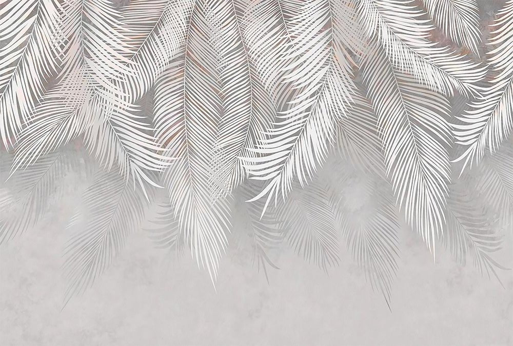 White Palm Leaf Wallpaper Mural | Light Grey Back - Carving wallpaper