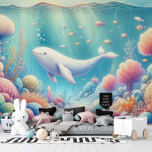 White Whale Wallpaper Mural | Abundant Coral and Fish - Carving wallpaper