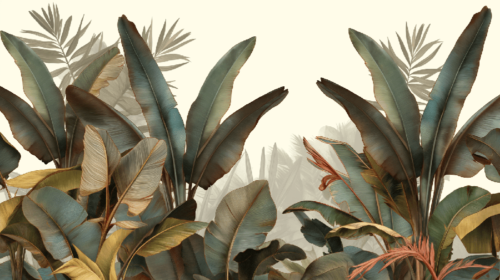 Wild jungle wallpaper | Green big leaves with hand-drawn tropical plant illustration featuring banana leaves