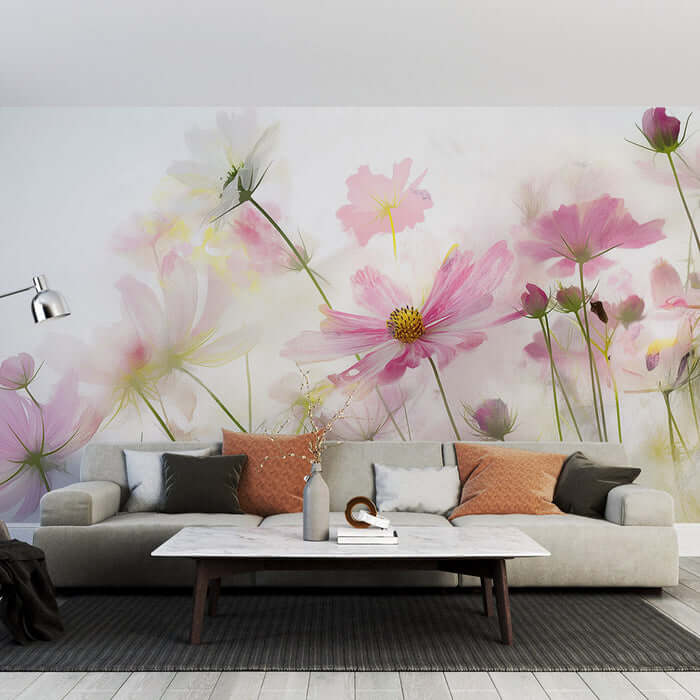 Wildflower mural wallpaper | Light pink: soft pink flowers on hazy floral mural creating a romantic, elegant living room backdrop