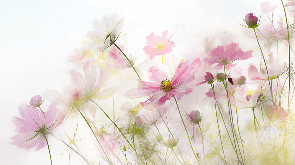 Wildflower mural wallpaper | Light pink: Soft pink flowers with hazy texture for a romantic, elegant bedroom and fresh living room ambiance