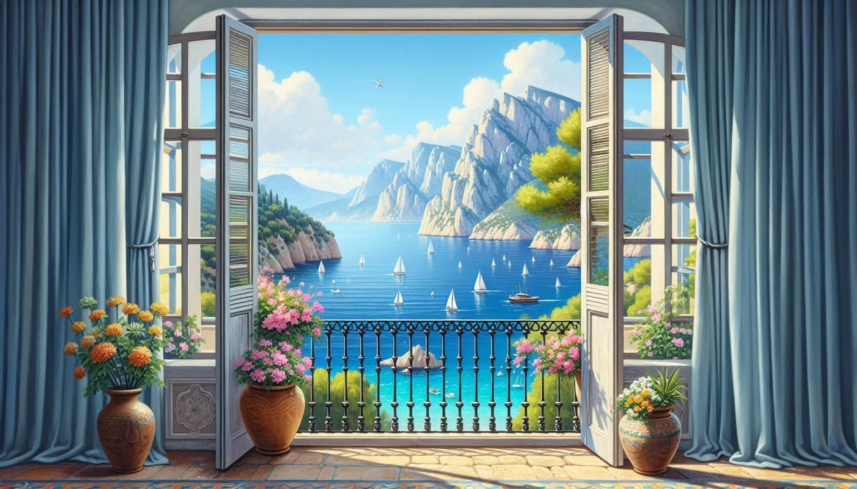 Window wallpaper mural | Seaside scenery flowers – view of blue sea, sailboats, mountains, clouds, and blooming flowers on windowsill with blue curtains - Window wallpaper mural | Seaside scenery flowers