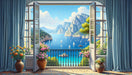 Window wallpaper mural | Seaside scenery flowers – view of blue sea, sailboats, mountains, clouds, and blooming flowers on windowsill with blue curtains - Window wallpaper mural | Seaside scenery flowers