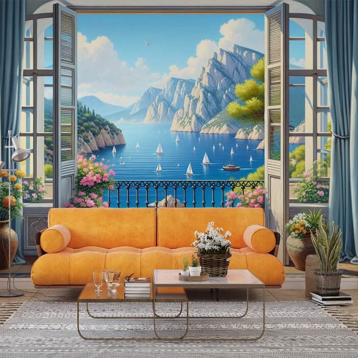 Window wallpaper mural | Seaside scenery flowers: A serene living room with an open window view of blue sea, sailboats, mountains, clouds, and colorful potted flowers on the sill