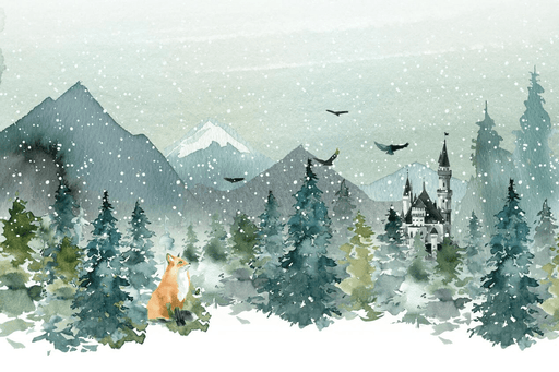 Winter Forest Wallpaper Mural | Fox, Castle, Snow Mountain, Flying Bird, Watercolor Style - Carving wallpaper