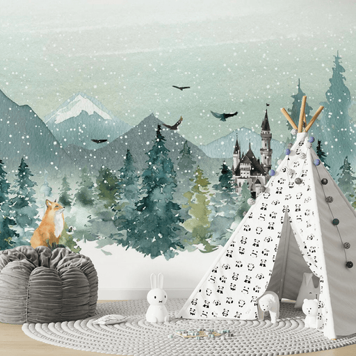 Winter Forest Wallpaper Mural | Fox, Castle, Snow Mountain, Flying Bird, Watercolor Style - Carving wallpaper