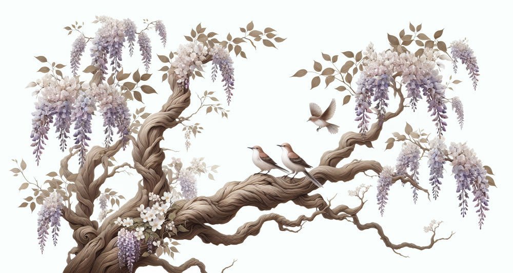 Wisteria Flower and Bird Wallpaper Mural | Chinese Freehand Painting - Carving wallpaper
