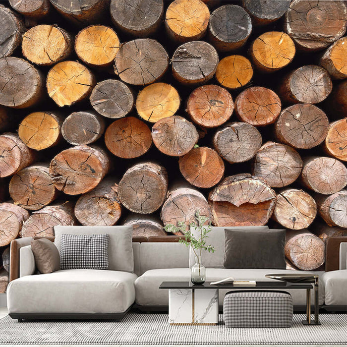 Wooden stacked wallpaper mural | Retro decorative wall in living room and study