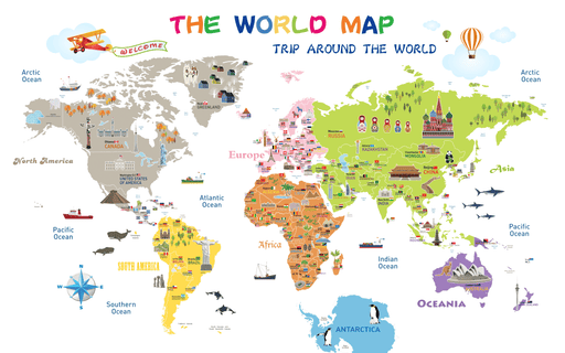 World map wallpaper mural | Children's room decoration - Carving wallpaper